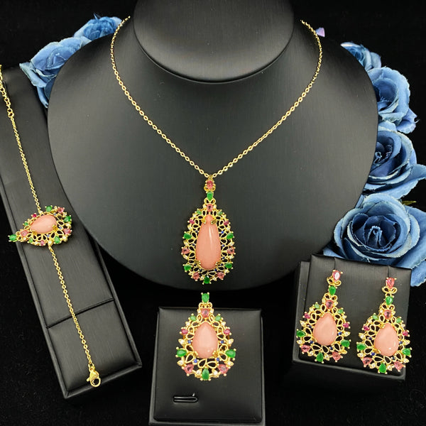 Fashion Copper Plated Gold Zirconia Jewelry Set Bracelet Necklace Earrings Ring.