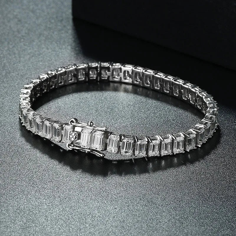 0.4-1ct D Color Emerald Cut Moissanite Tennis Chain Bracelet 925 Sterling Silver.