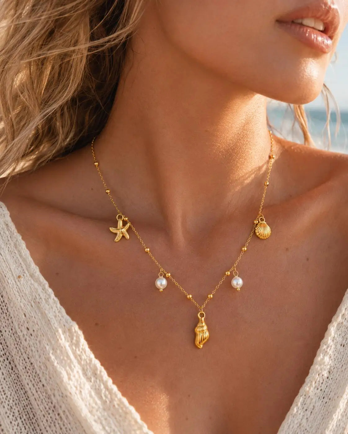 18K Gold Plated Pearl, Shell, Conch, Starfish Summer Beach Necklace, Stainless Steel Waterproof Charm Jewelry