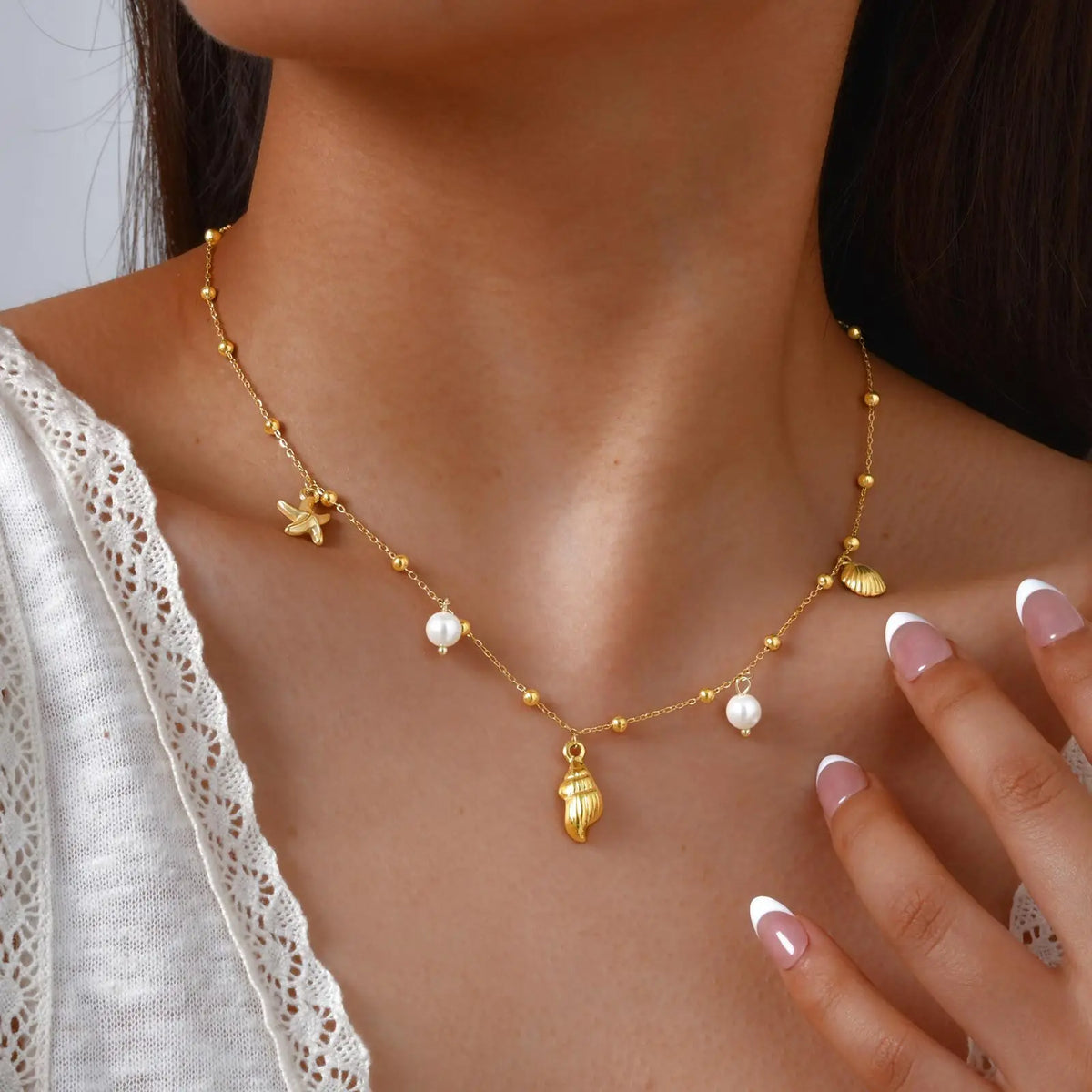 18K Gold Plated Pearl, Shell, Conch, Starfish Summer Beach Necklace, Stainless Steel Waterproof Charm Jewelry