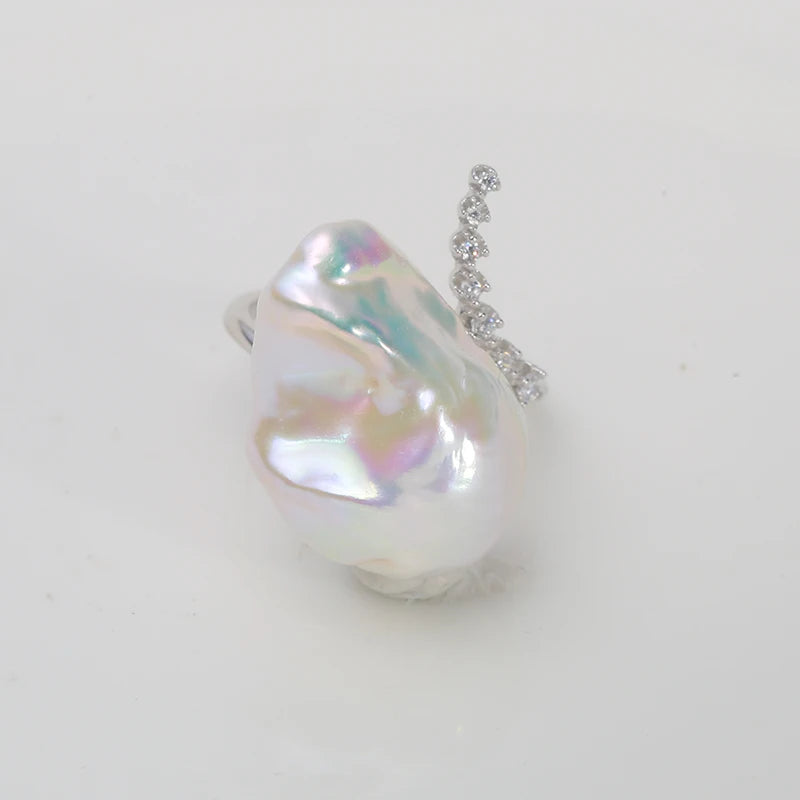 Natural Fresh Water Pearl Ring S925 Silver Adjustable Ring Zircon Inlaid Jewellery for Woman.