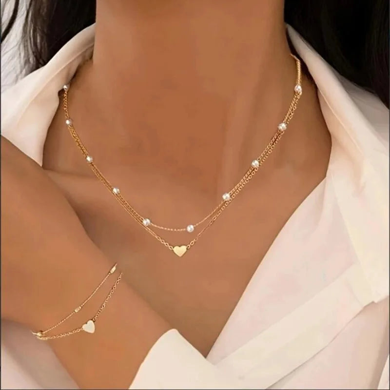 Imitation Pearl Heart Jewelry Set Gold Silver Color