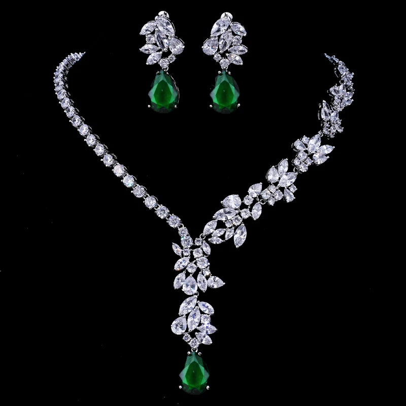 Luxury Green Cubic Zirconia Earrings Necklaces Sets Accessories.