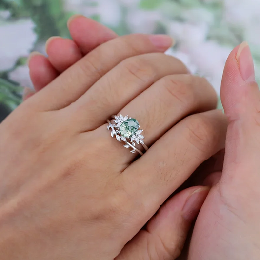 Unique Oval Cut Moss Agate Ring Set 925 Sterling Silver Leaf Branch Rings Handmade Jewellery Gift.