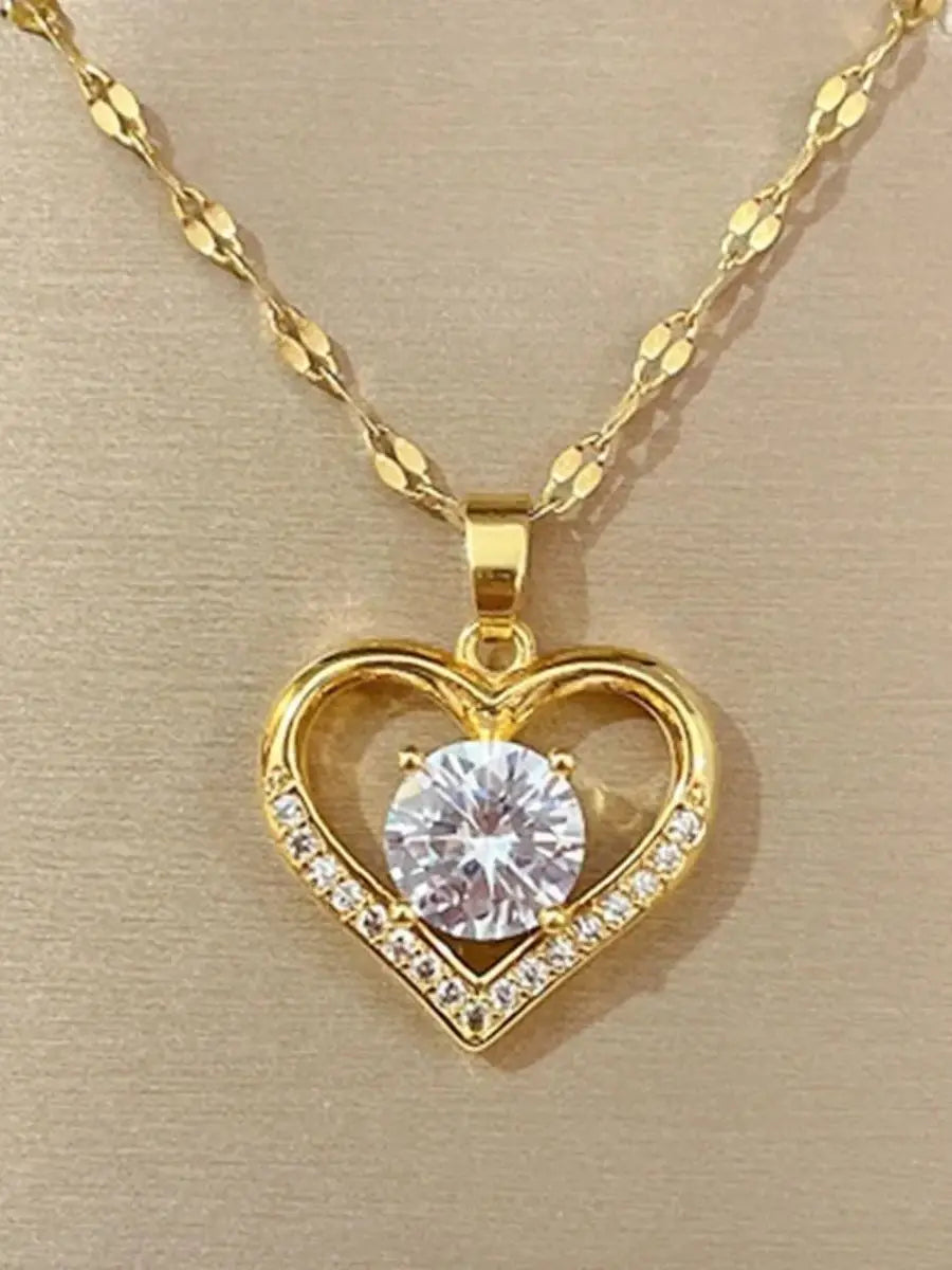 Artificial Gems Heart Pendant Necklace Golden Stainless Steel