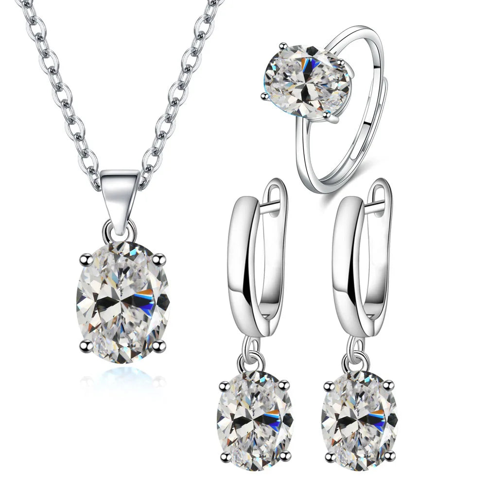 925 Silver Jewelry Sets Elegant Ring Earrings Necklace Accessories.