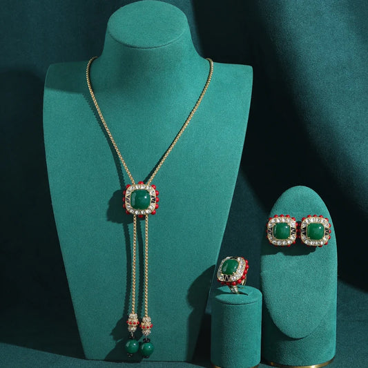 Natural Stone Square Necklace Green Jewelry Sets Luxury Designs Gold Earrings Rings.