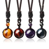 16 Mm Black Tiger Eyes Stone Necklaces with Adjustable Braided Rope Cords Natural Crystal Pendant.
