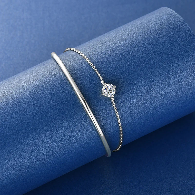 925 Sterling Silver Double Chain Cuff Bracelets Bling 6.5mm Moissanite Bracelet For Women Adjustable Wristband Jewelry Gift