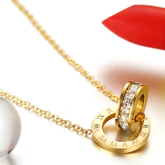 Luxury Elegant Crystal Circle  Fashion Roman Digital Stainless Steel Gold Silver Color Necklaces.