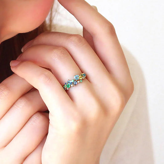 Modern Trendy Female Rings with Blue/Green Cubic Zirconia Luxury Accessories Jewellery.