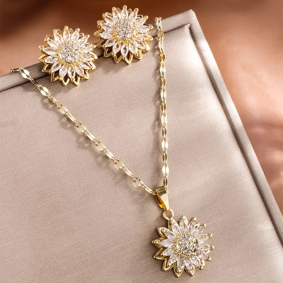 Trendy Rotation Spin Sunflower Stainless Steel Zircon Necklaces