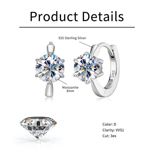 925 Sterling Silver Ladies Earrings 6.5mm Round Moissanite Single Stone Six-Prong Ear Fine Jewellery.