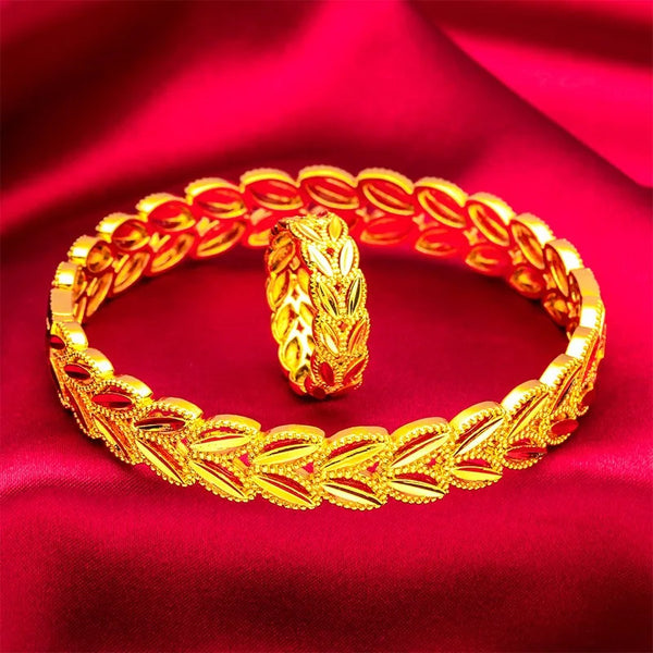 Real Gold 24K Gold Bracelet and Ring Set Leaf Vine Style Gold Jewelry.