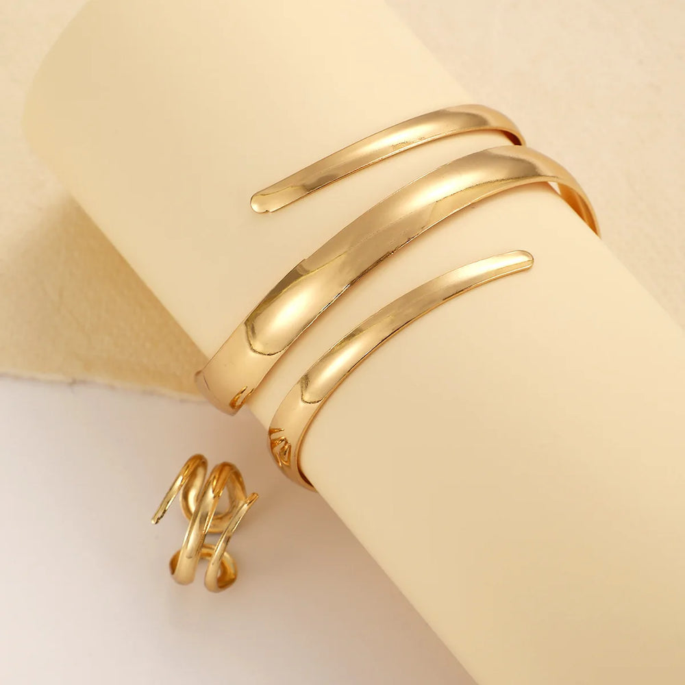 Fashion Metal Open Bracelet & Ring Set For Gold Silver Color Smooth Bangle Rings Elegant Jewellery.