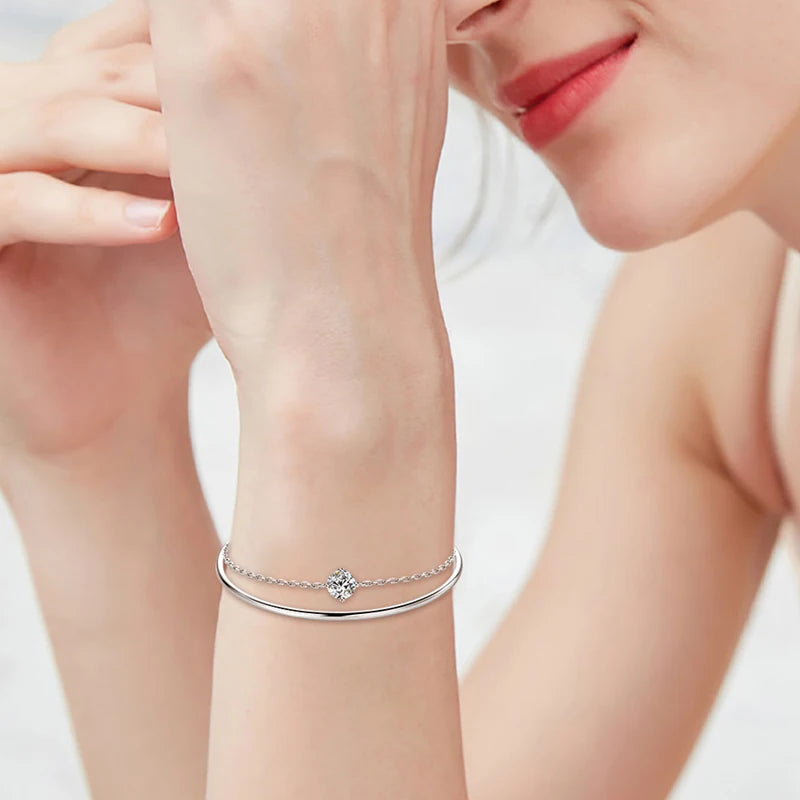 925 Sterling Silver Double Chain Cuff Bracelets Bling 6.5mm Moissanite Bracelet For Women Adjustable Wristband Jewelry Gift
