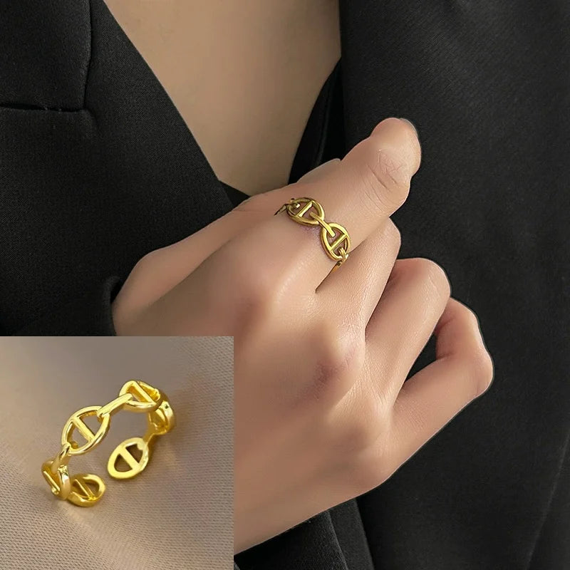 Stainless Steel Bracelet Finger Rings Unique Design Light Luxury Symbol Engraved Bracelet Ring for Women Jewelry Party Gifts