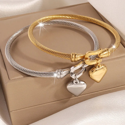 18k Gold Color Stainless Steel Heart Pendant Charm Bangle Bracelets.