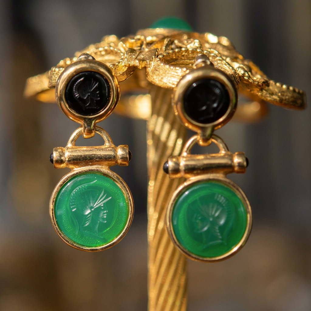 Antique Jewelry Glass Cameo Enamel Gorgeous Bracelet Earrings set Plated Craft design.